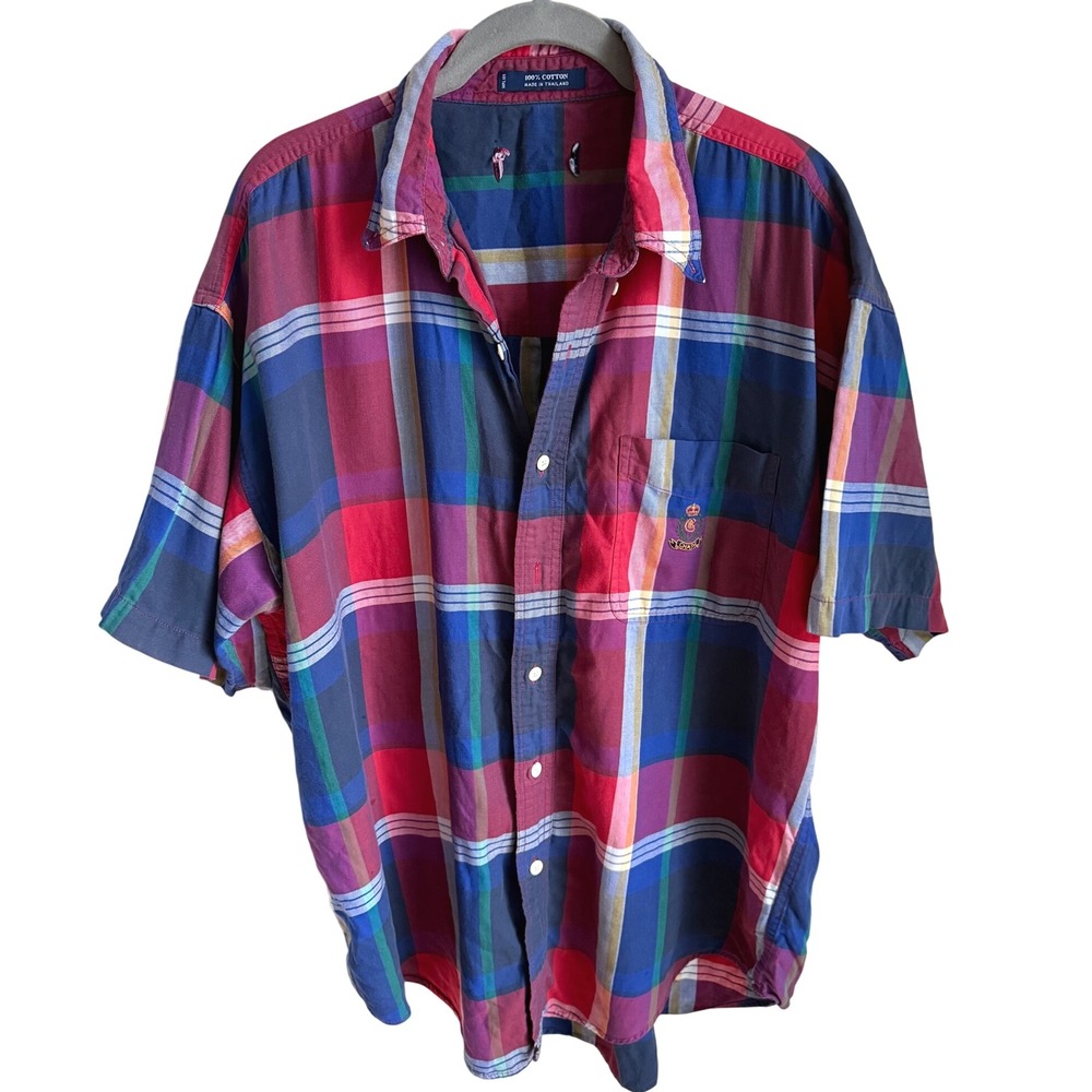 Vintage Preppy Plaid Madras‎ Shirt Red Blue 90s Y2K Chaps Ralph Lauren Heritage